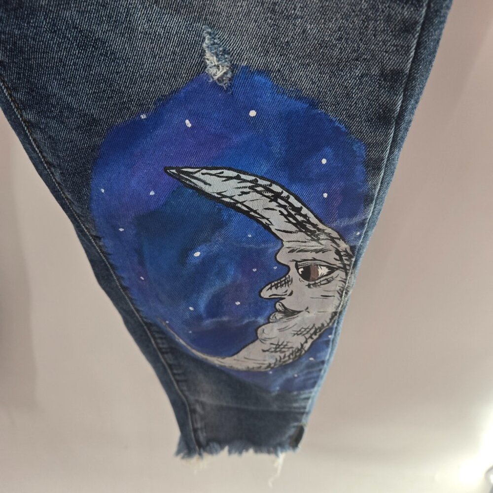 Kancan Blue Sun Moon Painted Distressed Raw Edge Jeans Waist 24 Size 1 - Picture 6 of 15